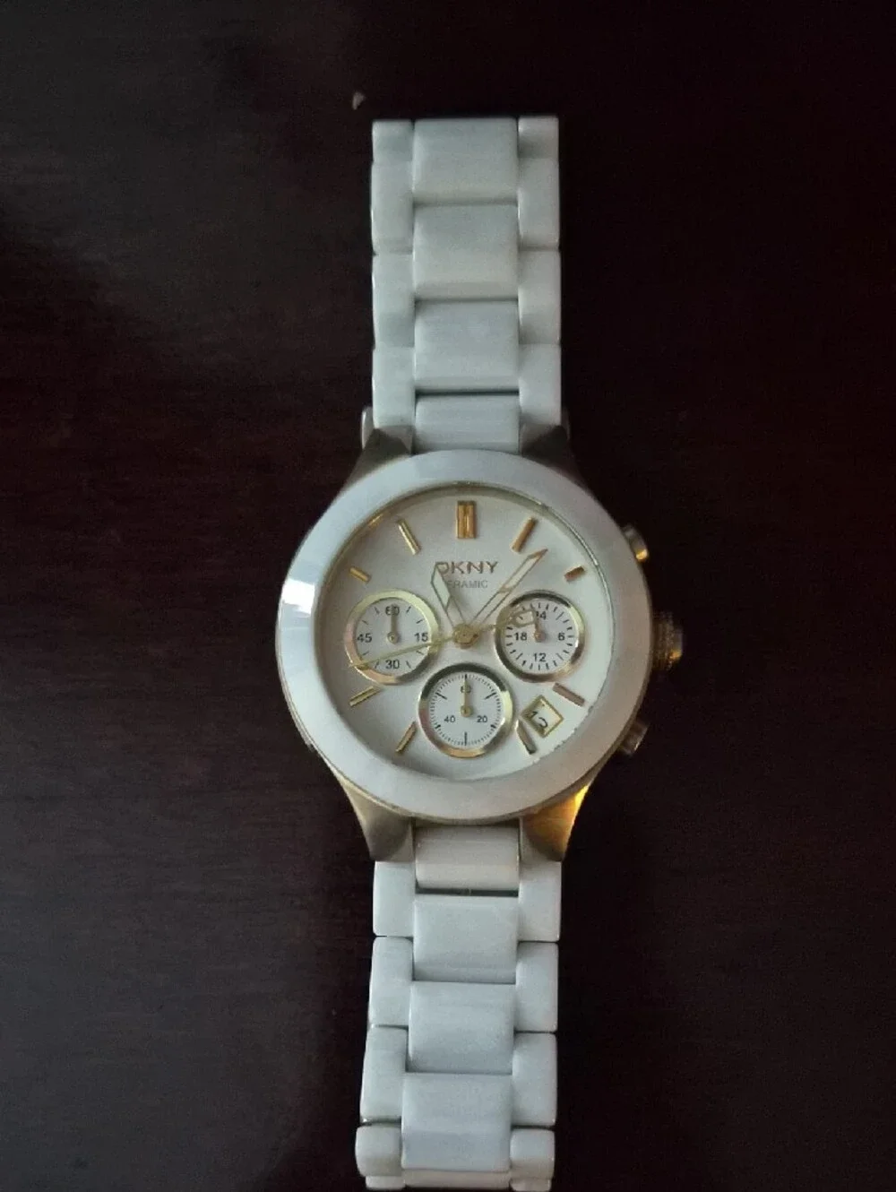 DKNY White Ceramic Chronograph Watch with Gold Accents